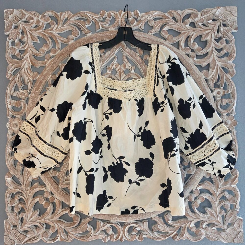Maurices black cream floral square neck crochet trim peasant top 100% cotton XL